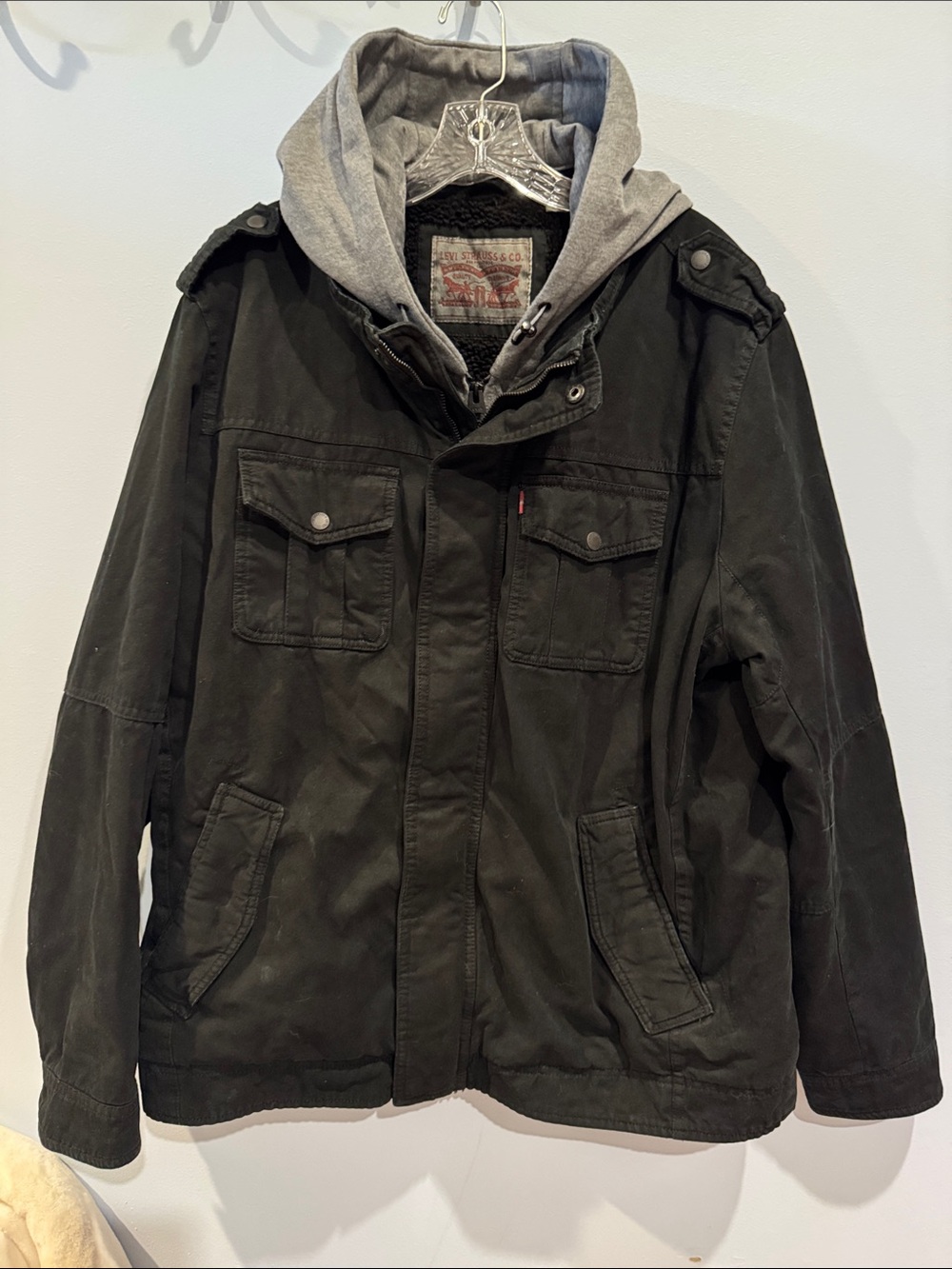 Levi's Men's Washed Cotton Hooded Military Trucker Jacket Black XL EXCELLENT